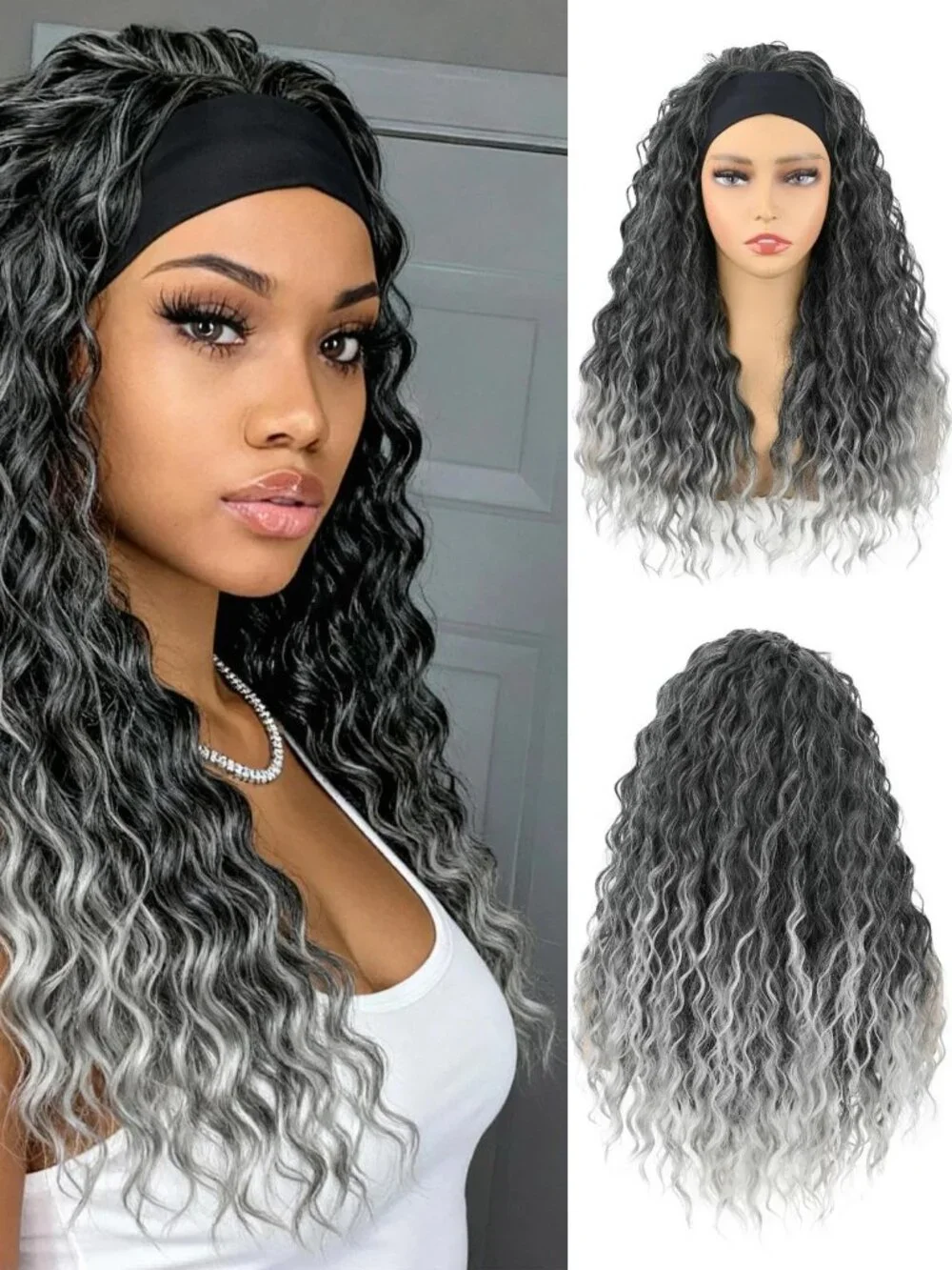 UAmy Hair Headband Wig Deep Wave 20 Inch T1B/Gray